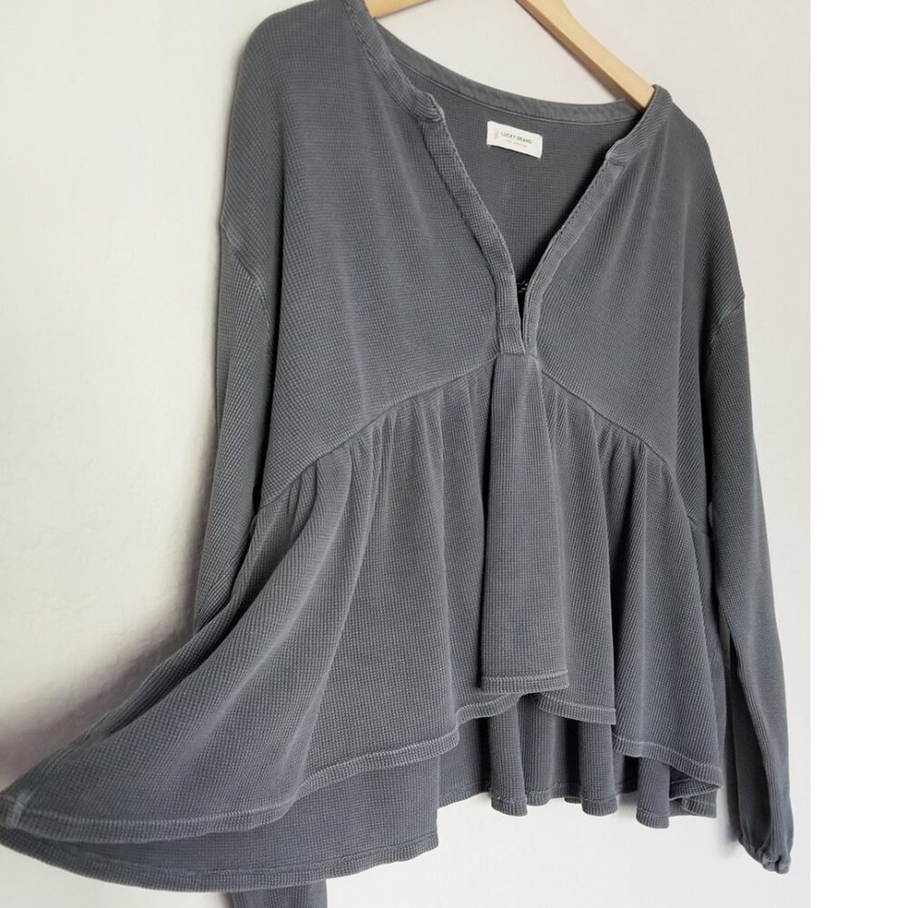 Lucky Brand Waffle Knit Peplum Top L Ebony Grey 100% Cotton Oversized Babydoll - Picture 10 of 16